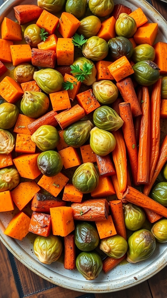 A colorful roasted vegetable medley with Brussels sprouts, carrots, and sweet potatoes on a rustic table.